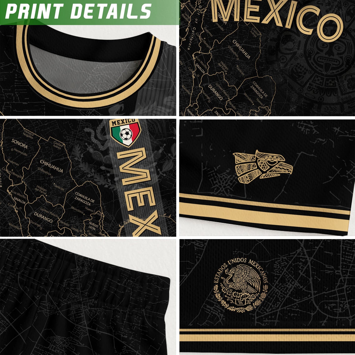 Mexico Black Heritage Map Soccer Jersey with Golden Aztec Accents