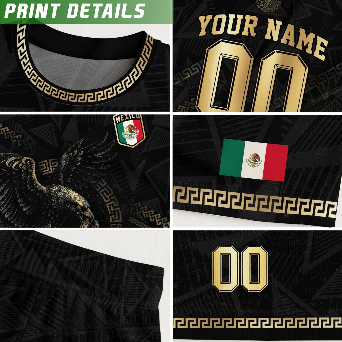 Custom Mexico Black Gold Eagle and Serpent Aztec Heritage Soccer Jersey