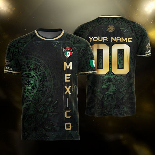Custom Mexico Soccer Jersey Black Gold Heritage Aztec Calendar Design