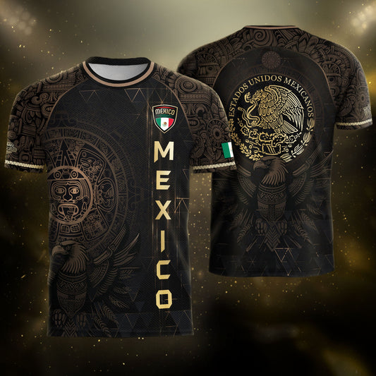 Mexico Soccer Jersey Black Gold Aztec Calendar & Eagle Emblem