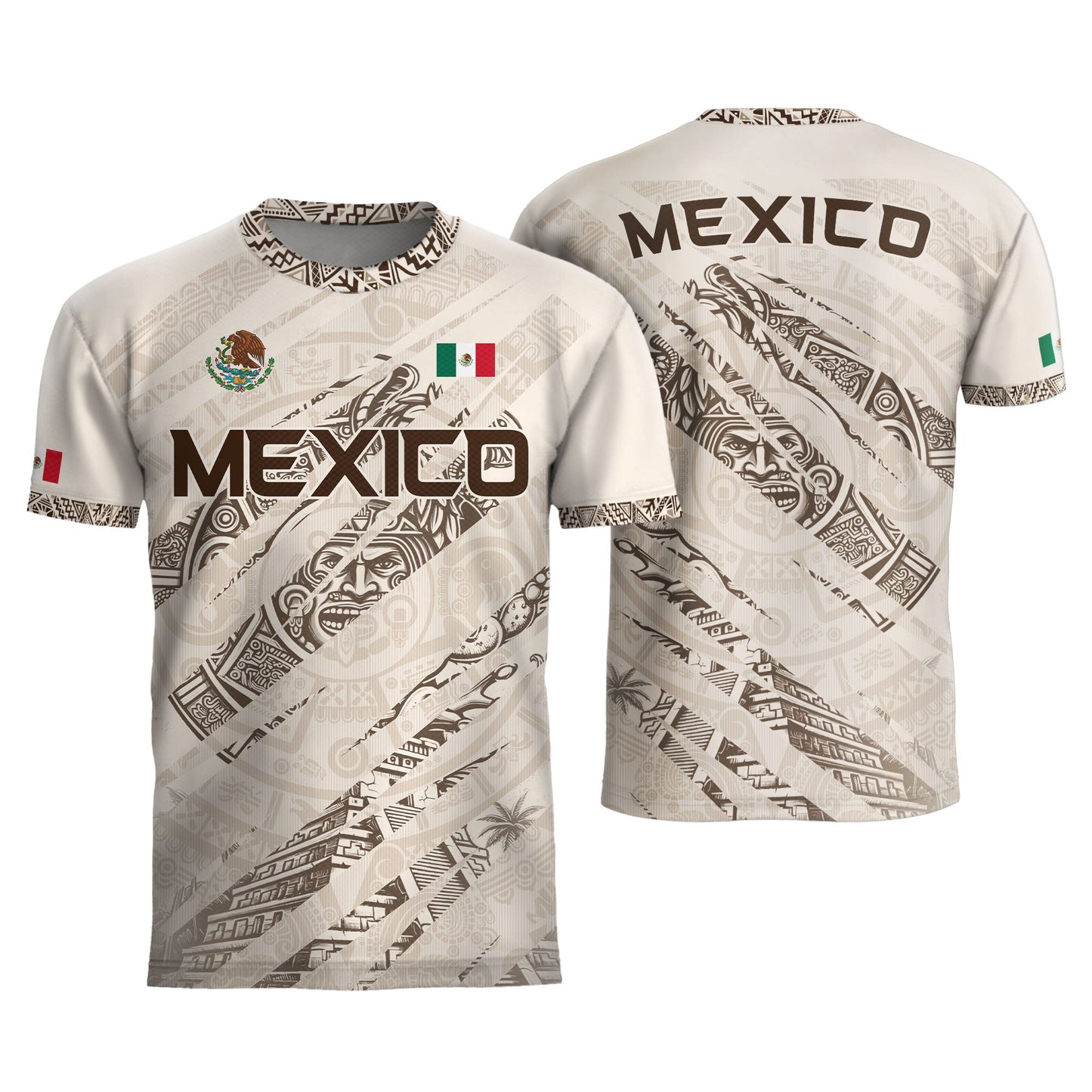 Mexico Beige Aztec Warrior Pyramid Heritage Mens Football Soccer Jersey