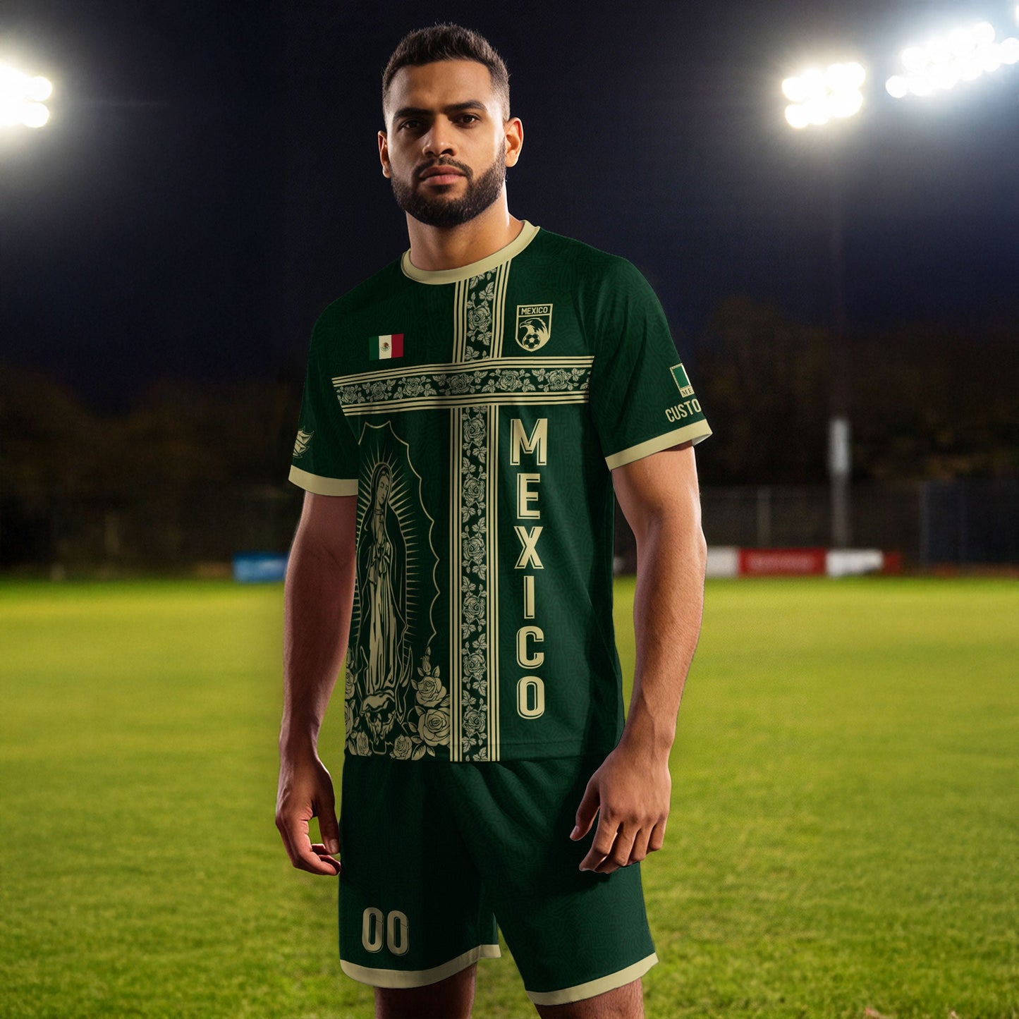 Custom Mexico Jersey Green Gold Our Lady of Guadalupe Design