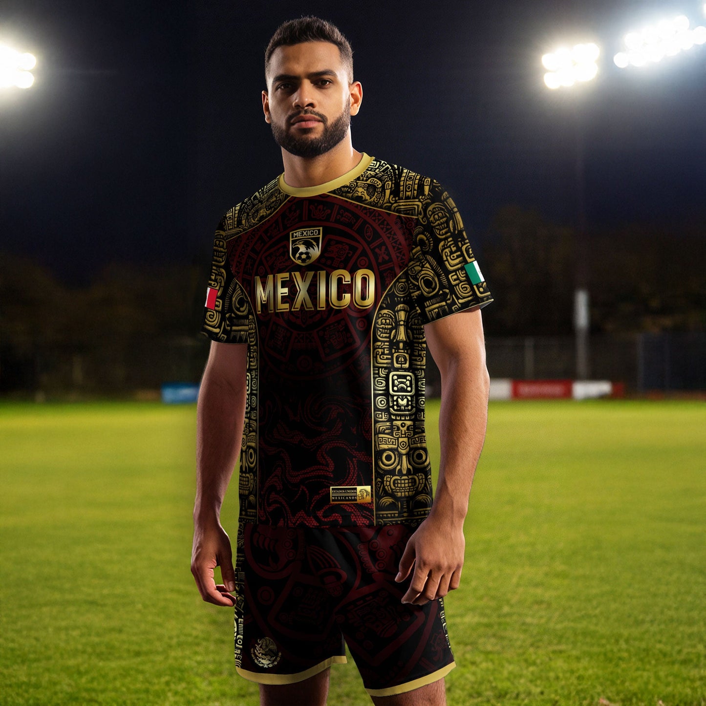 Mexico Soccer Jersey Black Red Gold Aztec Calendar Design