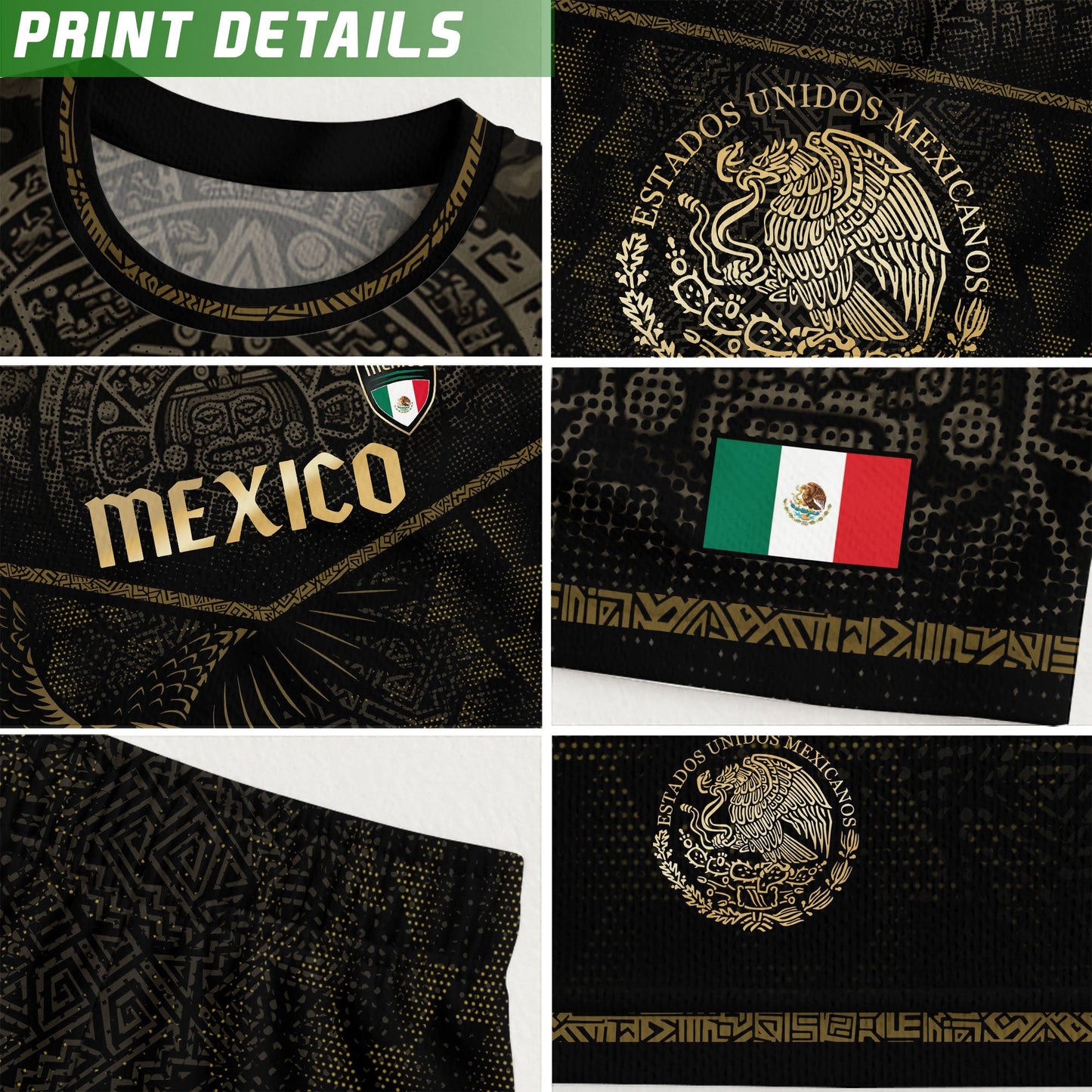Mexico Soccer Jersey Black Gold Eagle & Snake Aztec Design