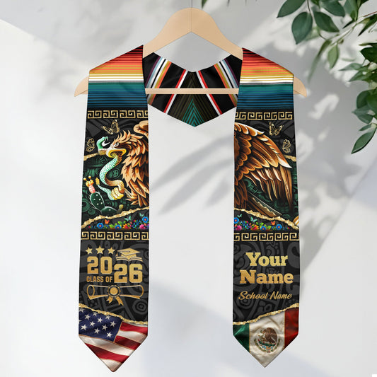Custom Aztec Eagle Class of 2026 Graduation Stole – USA & Mexico Flag Personalized Senior Sash