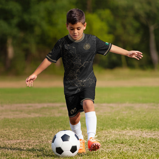 Custom Mexico Kids Soccer Jersey Black Gold Heritage Map Design