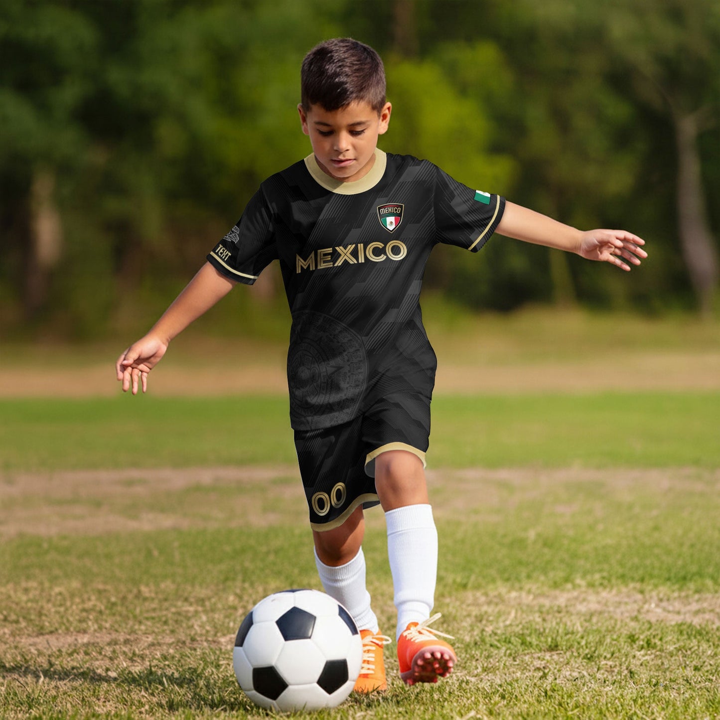 Custom Mexico Kids Soccer Jersey Black Gold Classic Design