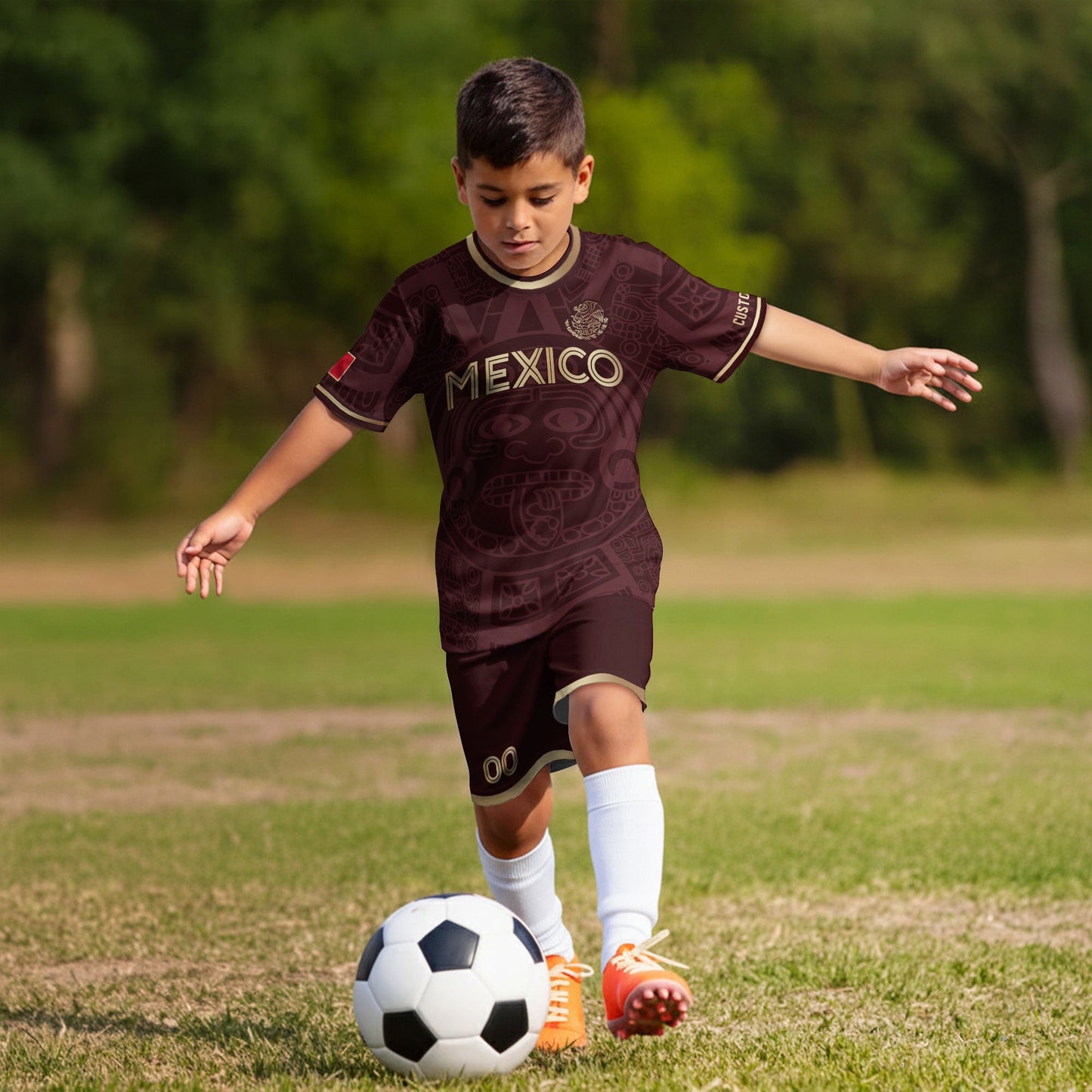 Custom Mexico Kids Soccer Jersey Burgundy Gold Aztec Calendar Heritage Design