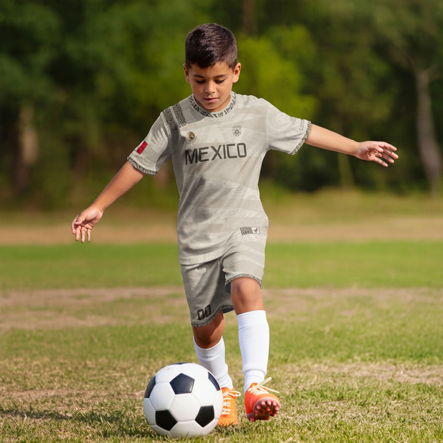 Custom Mexico Beige Aztec Kids Soccer Jersey