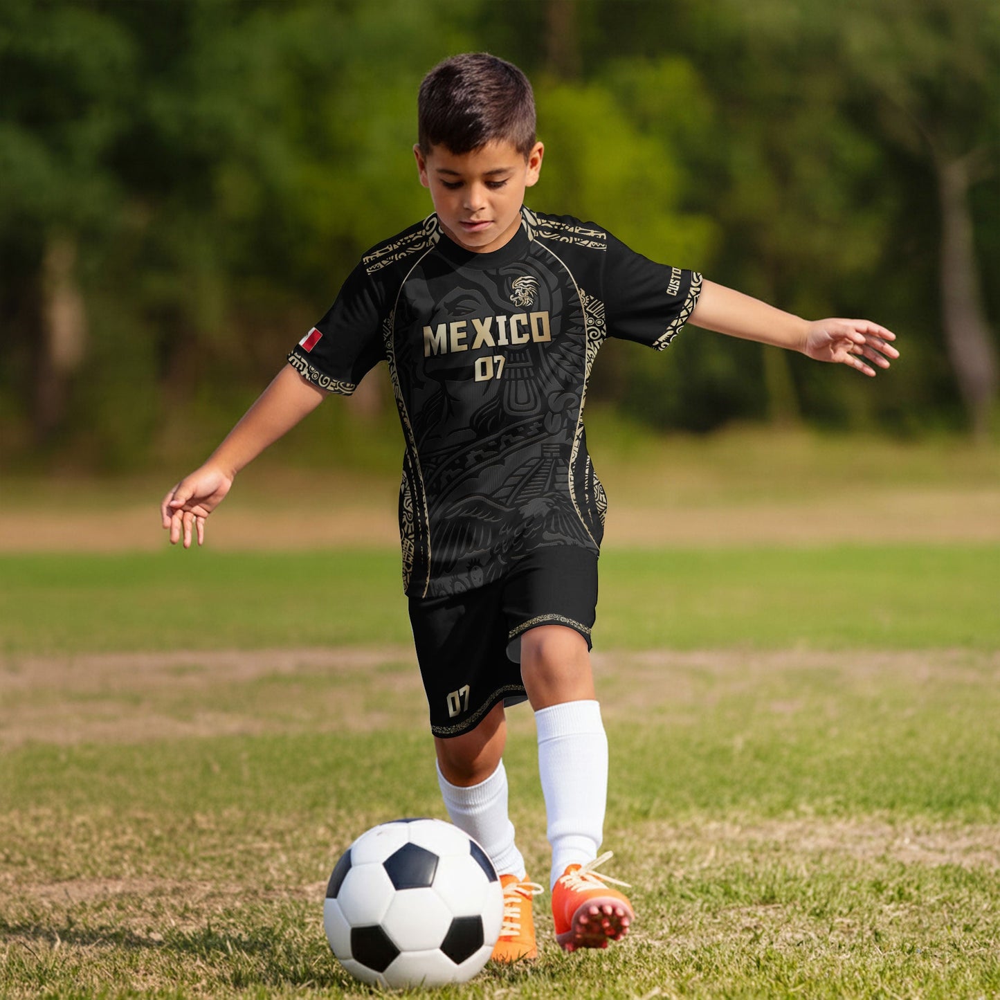 Custom Kids Mexico Soccer Jersey Black Gold Aztec Eagle Design