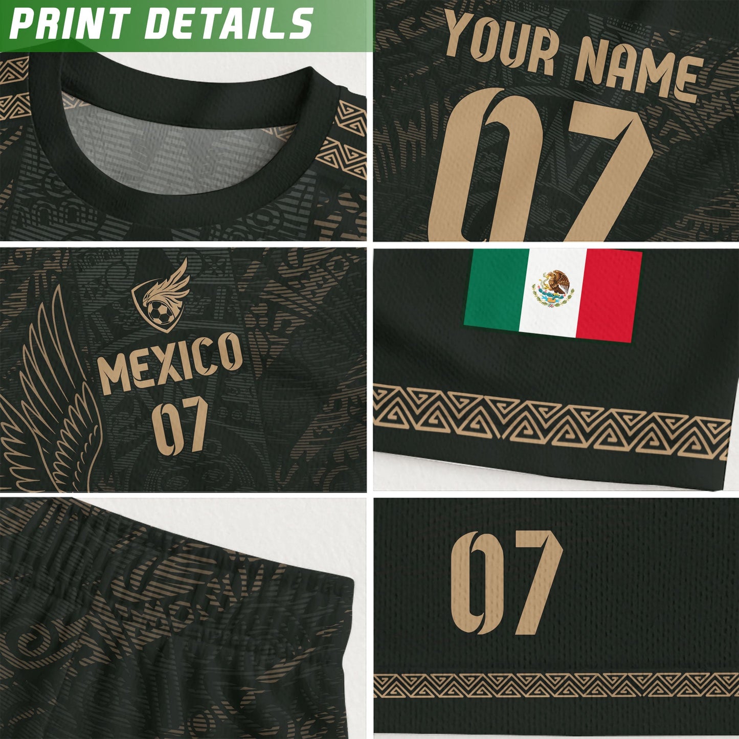 Custom Kid Mexico Black Aztec Eagle Heritage Soccer Jersey