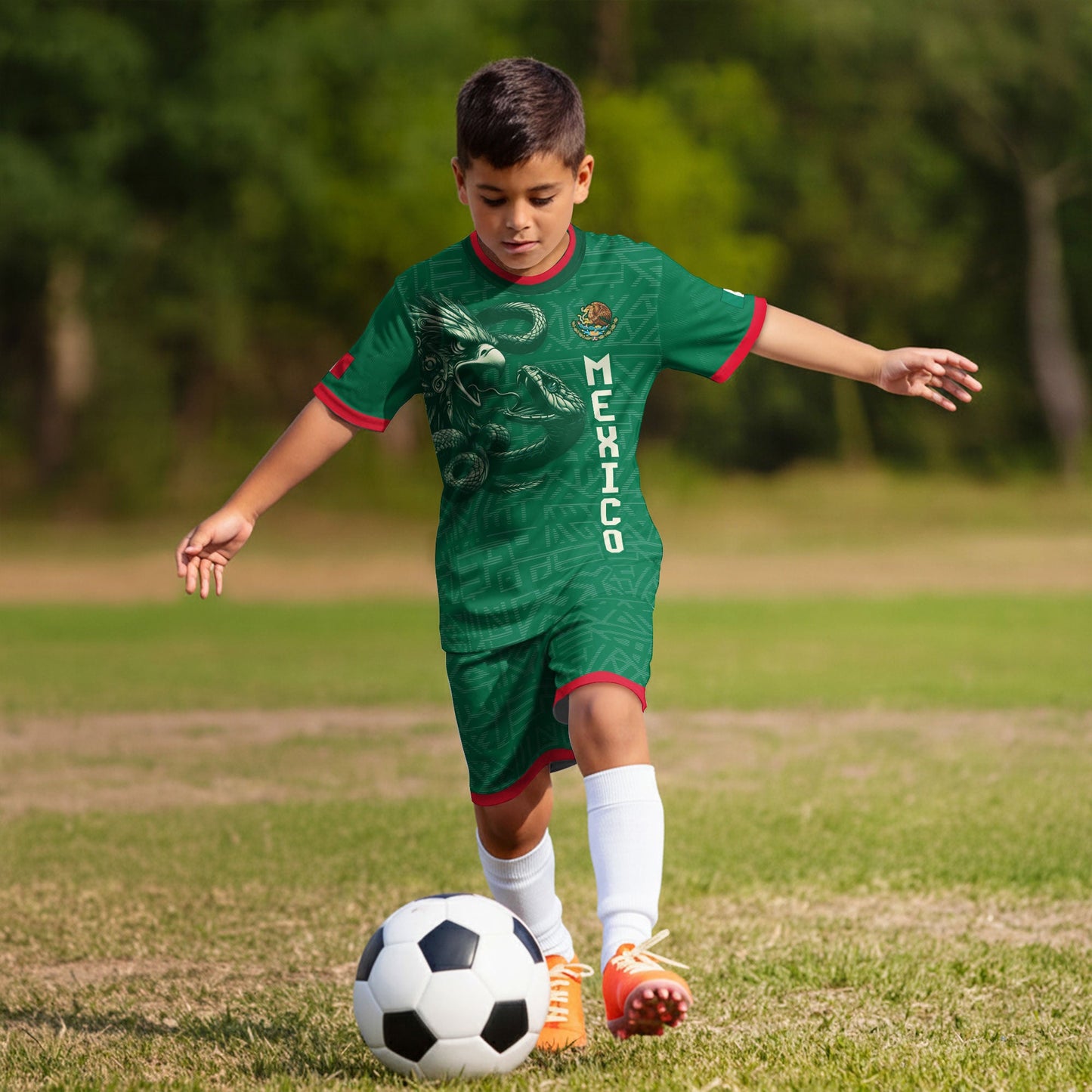 Mexico Kids Soccer Jersey Green Aztec Eagle Serpent Design
