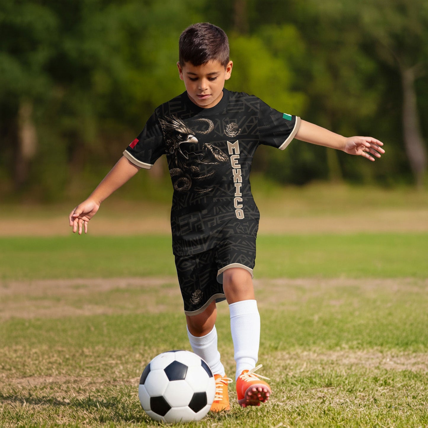 Mexico Kids Soccer Jersey Black Gold Aztec Warrior Eagle Design