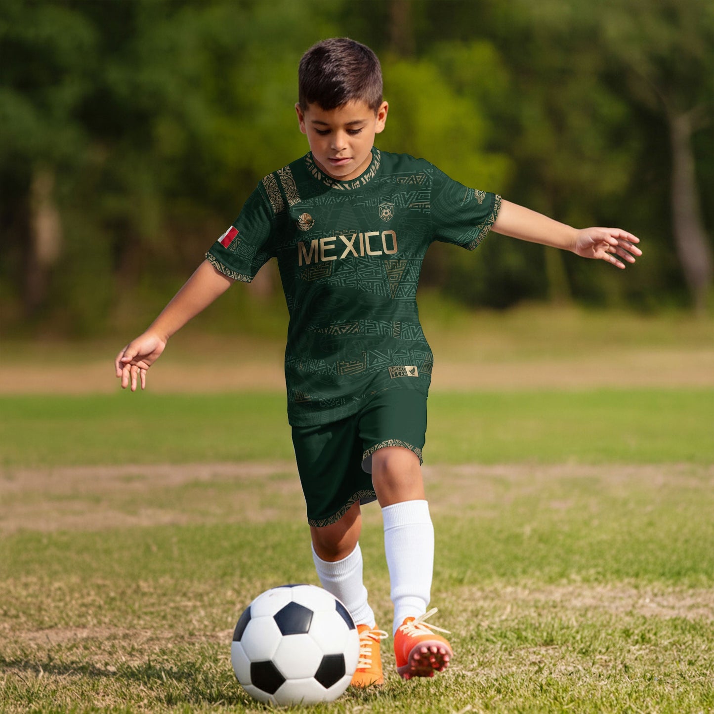 Mexico Kids Soccer Jersey Green Gold Aztec Pattern Crest Design