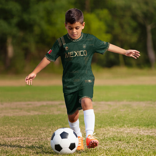 Mexico Kids Soccer Jersey Green Gold Aztec Pattern Crest Design