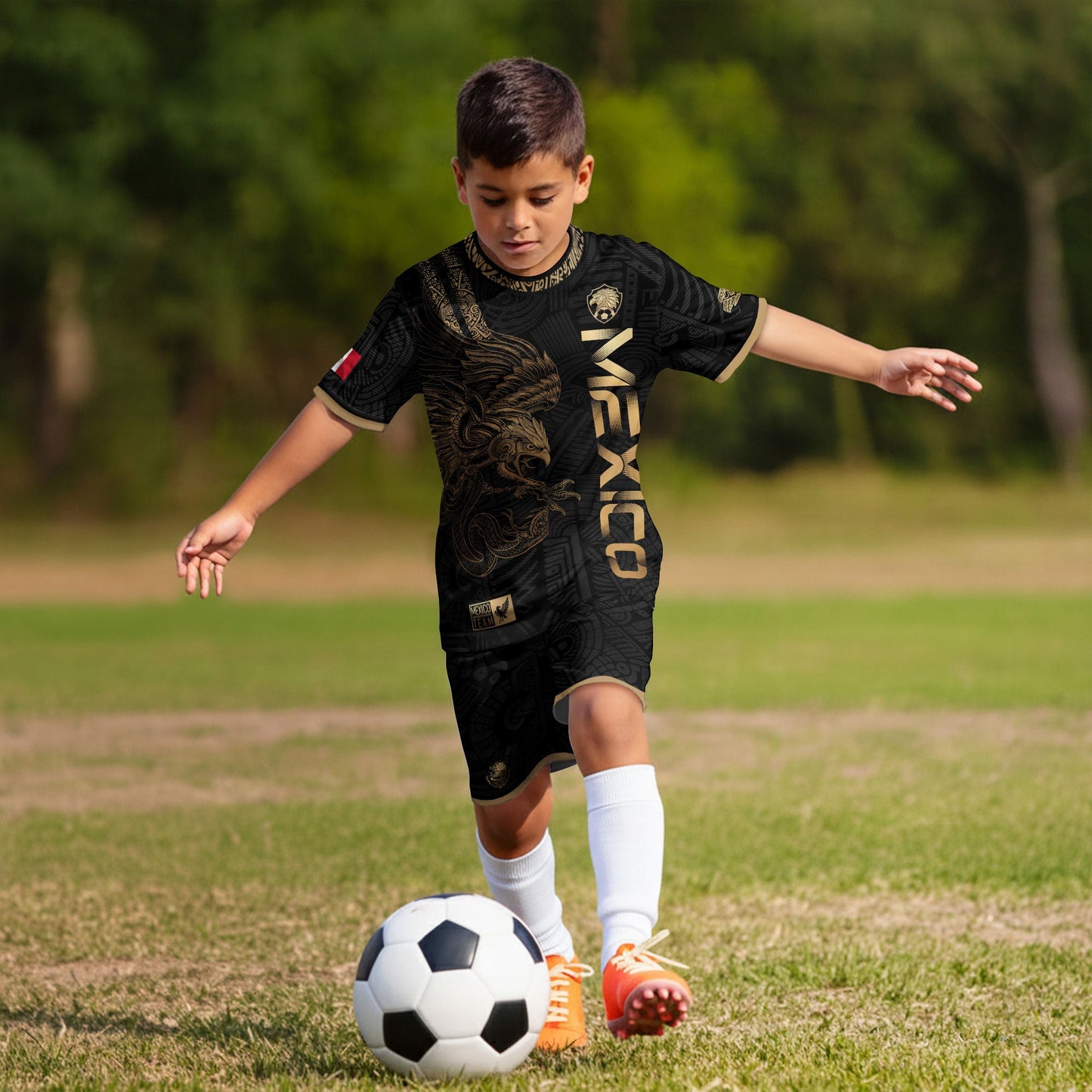 Mexico Black Gold Eagle Vertical Print Youth Fan Soccer Jersey
