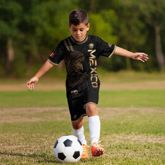 Mexico Black Gold Eagle Vertical Print Youth Fan Soccer Jersey