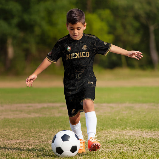 Mexico Map Gold Black Dynamic Replica Training Kids Soccer Jersey