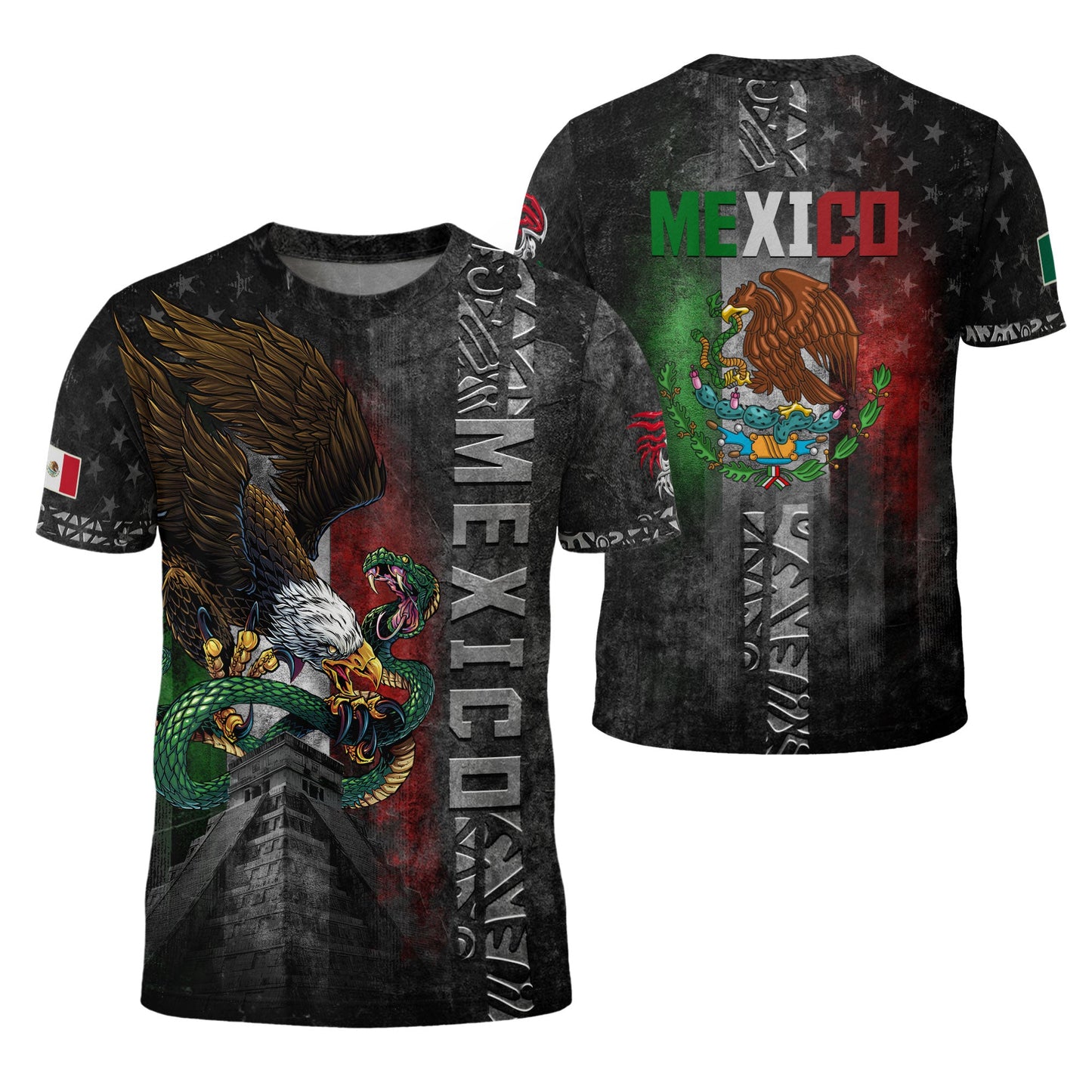 Mexico Flag Eagle Serpent Aztec Pyramid Heritage Pride Grunge Warrior Shirt