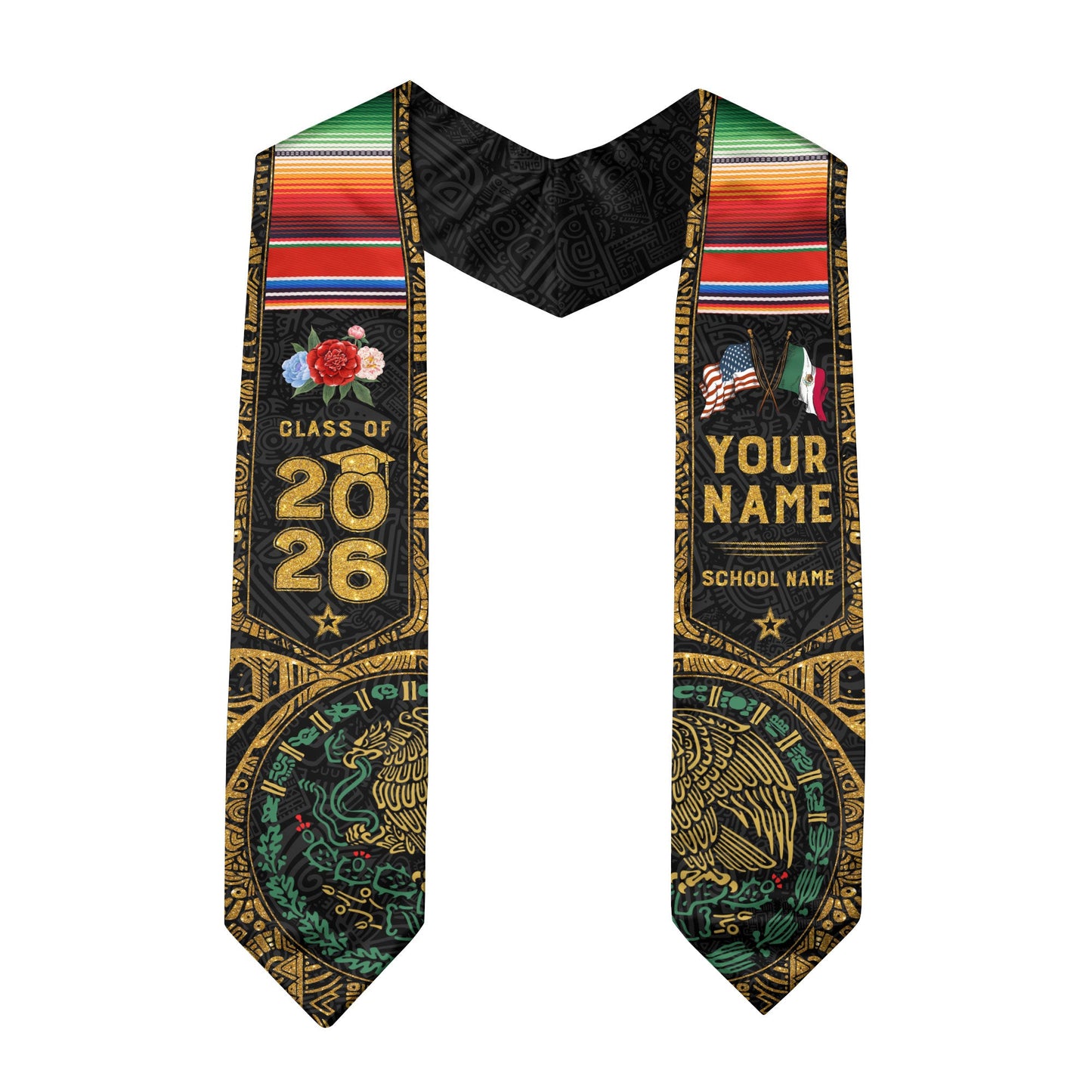 Personalized Class of 2026 Graduation Stole – Black & Gold USA Mexico Heritage Senior Sash with Serape Accent