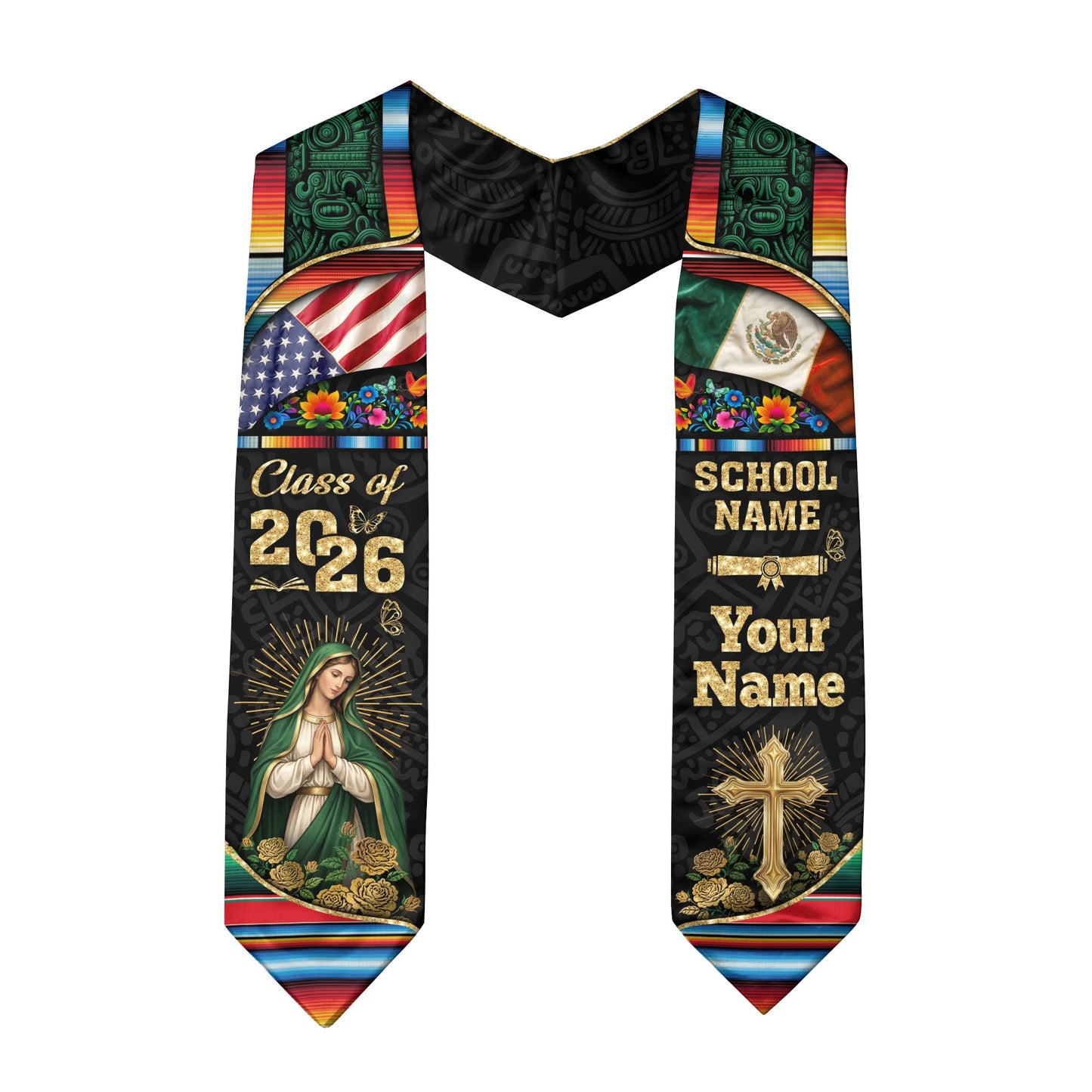 Custom Virgen de Guadalupe Class of 2026 Graduation Stole – USA & Mexico Flag Personalized Senior Sash