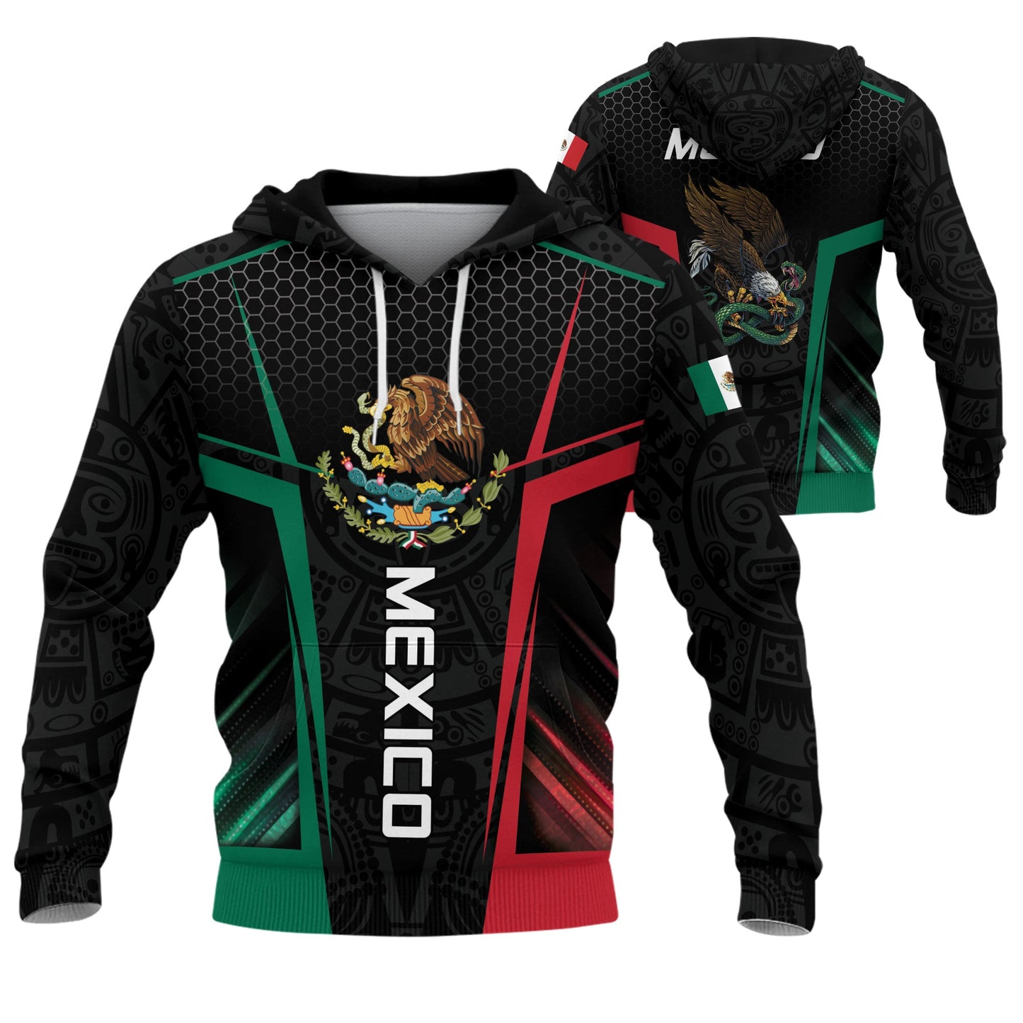 Mexican Black Green Red Flag Eagle Aztec Hexagon Mens Sudadera De Mexico Hoodie