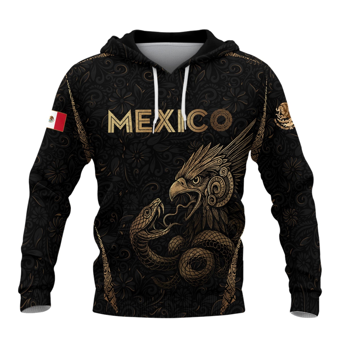 Mexican Gold Eagle Snake Floral Pattern Mens Sudadera De Mexico Heritage Hoodie