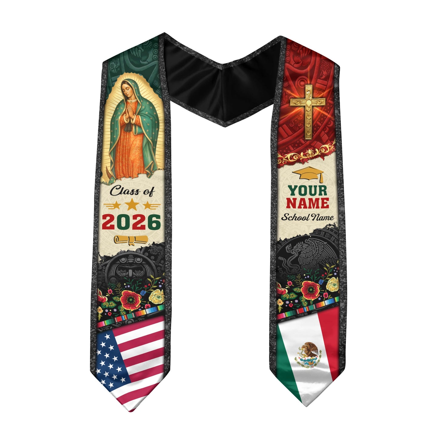 Mexican Graduation Stole Aztec Eagle Virgin Mary Cross Floral USA Flag Custom Sash