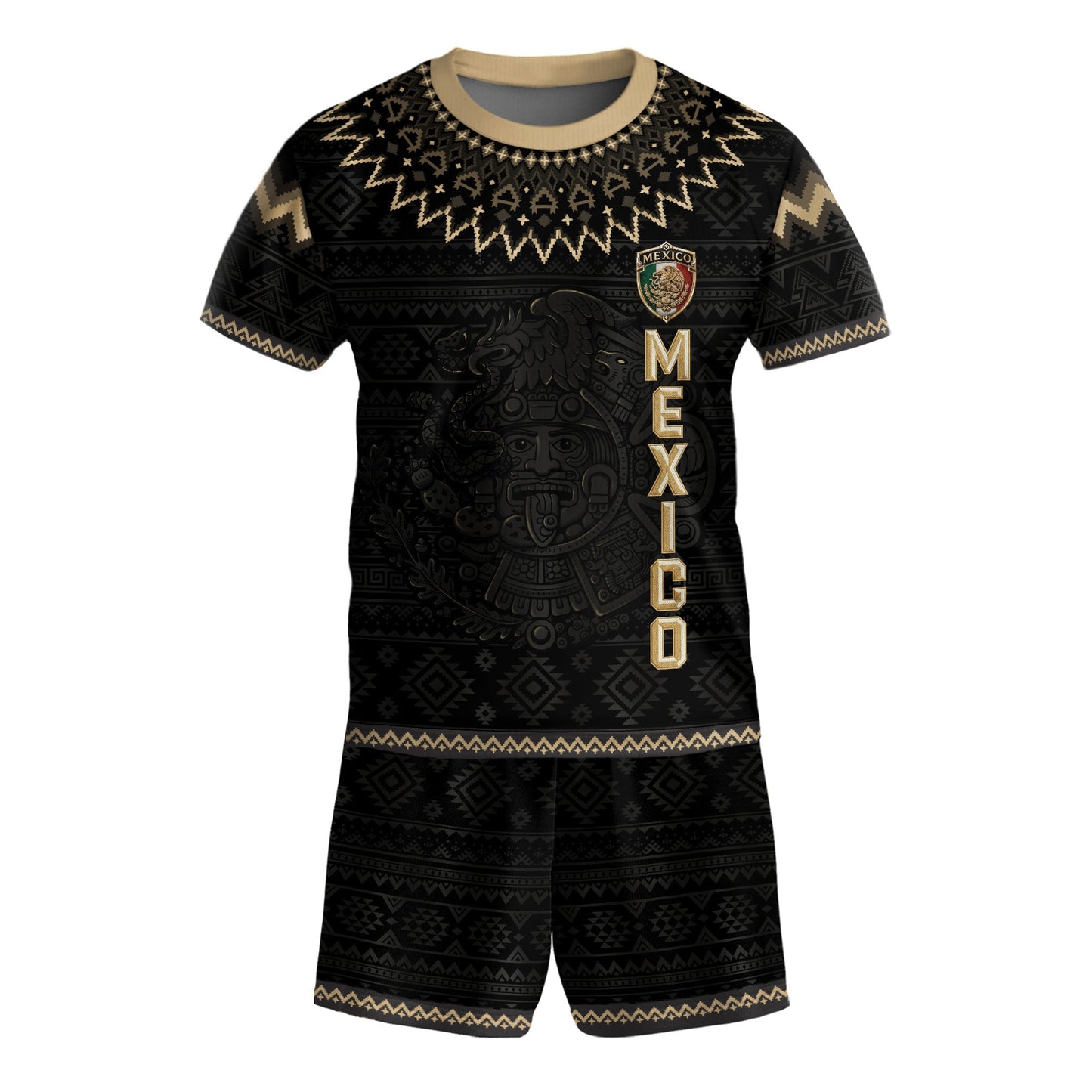 Mexico Soccer Jersey Kids Set Black Gold Aztec Calendar Youth Football Shirt Shorts