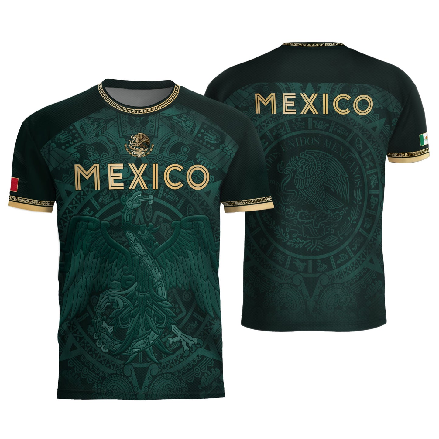 Mexico Heritage Orgullo Mexicano Green Gold Eagle Aztec Calendar Soccer Jersey