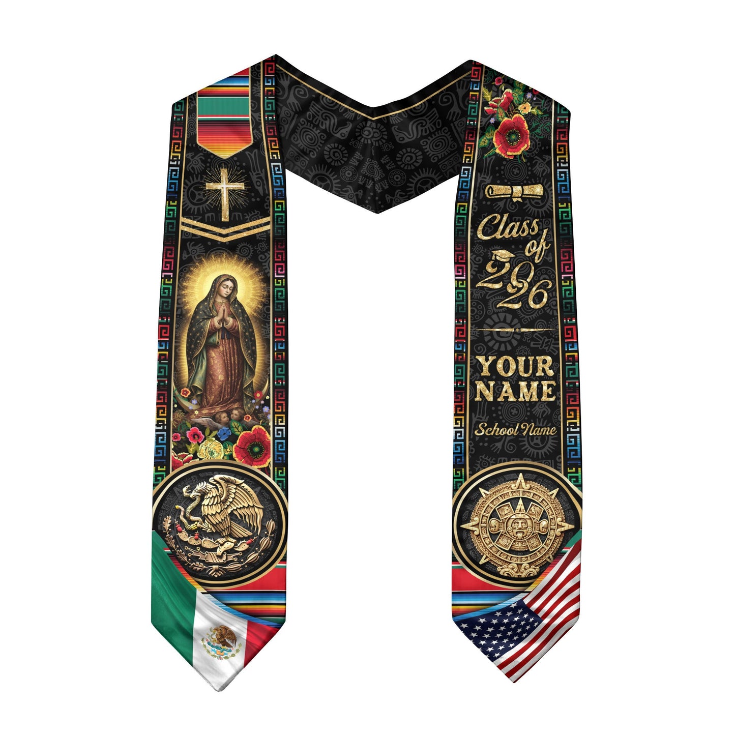 Custom Mexico USA Graduation Stole 2026 Virgin of Guadalupe Aztec Calendar Heritage Sash