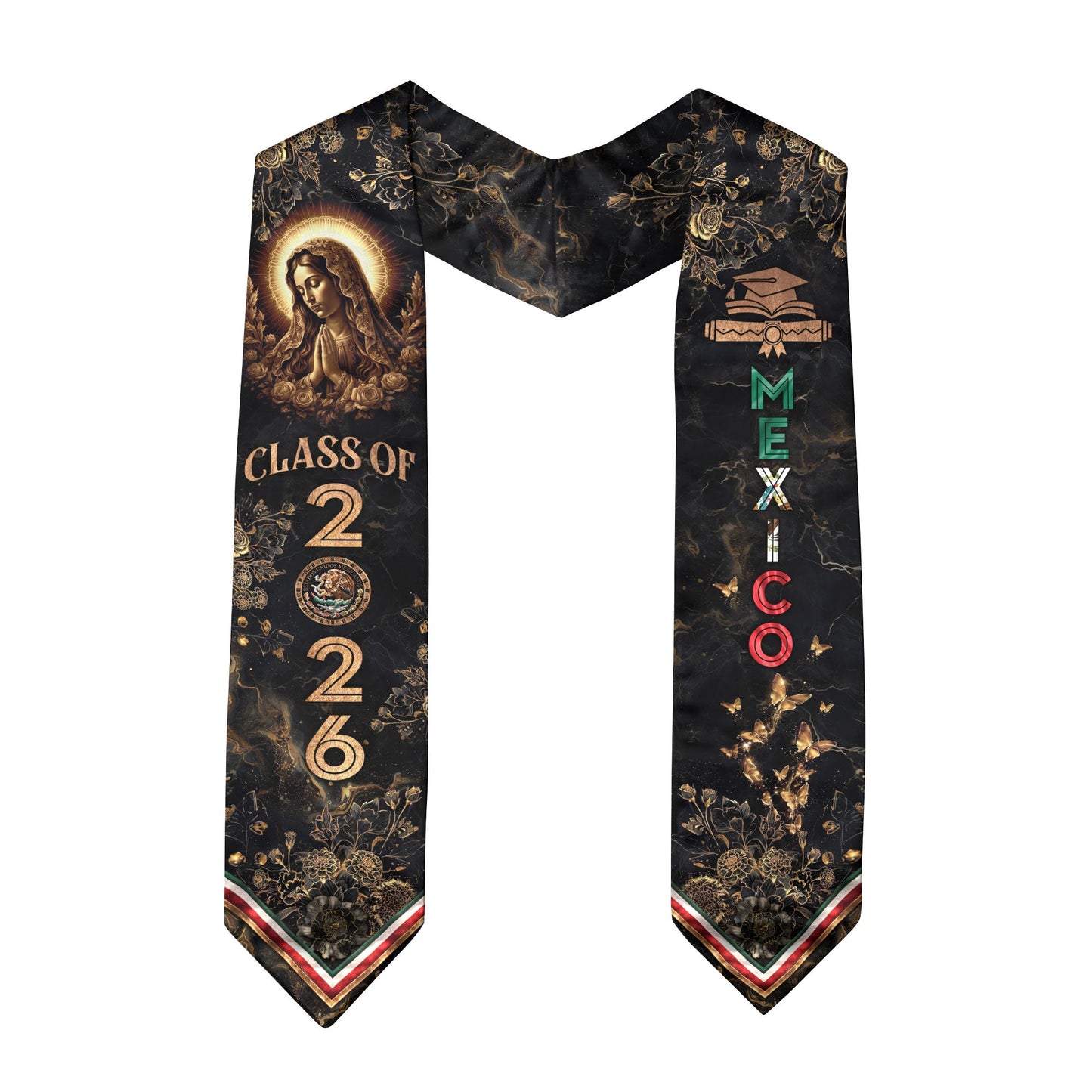 Mexico Graduation Stole Class of 2026 Virgin of Guadalupe Floral Heritage Sash