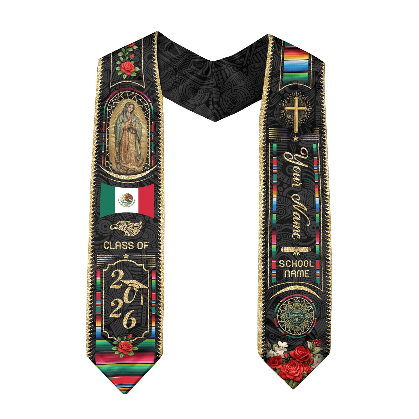 Custom Mexico Graduation Stole 2026 - Virgin of Guadalupe & Serape Aztec Sash