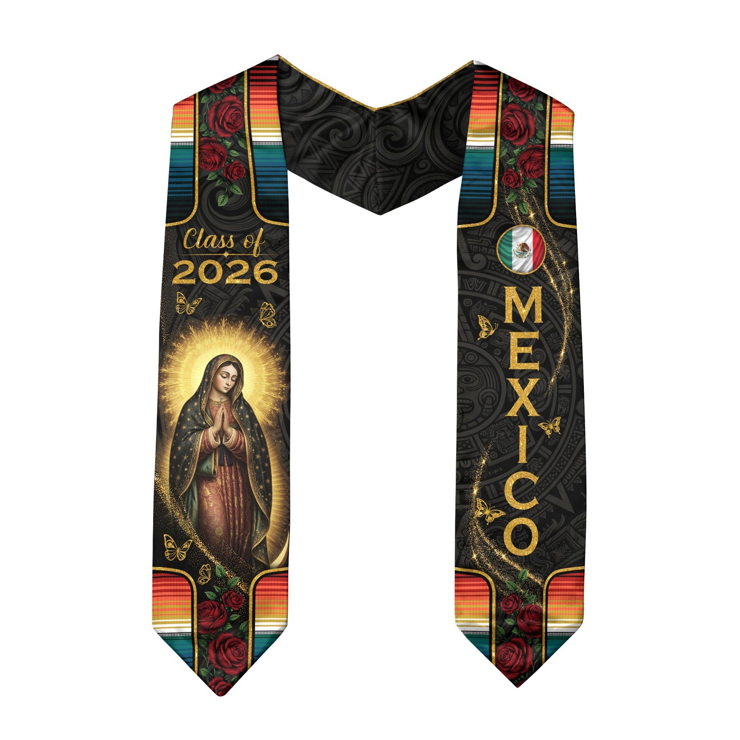 Mexico Graduation Stole 2026 - Floral Gold Cross Heritage Serape Sash