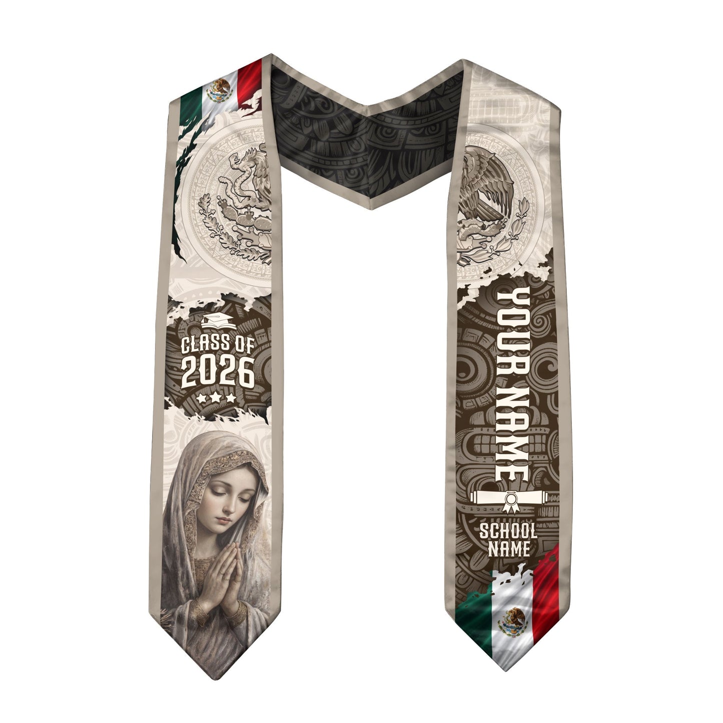 Custom Mexican Graduation Stole Class of 2026 Virgin Mary Guadalupe Heritage Sash Gift