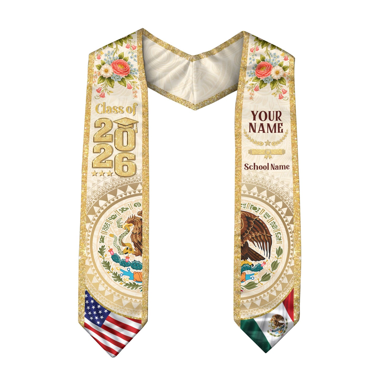 Mexico USA Graduation Stole Class of 2026 - Personalized Dual Heritage Floral Gold Sash