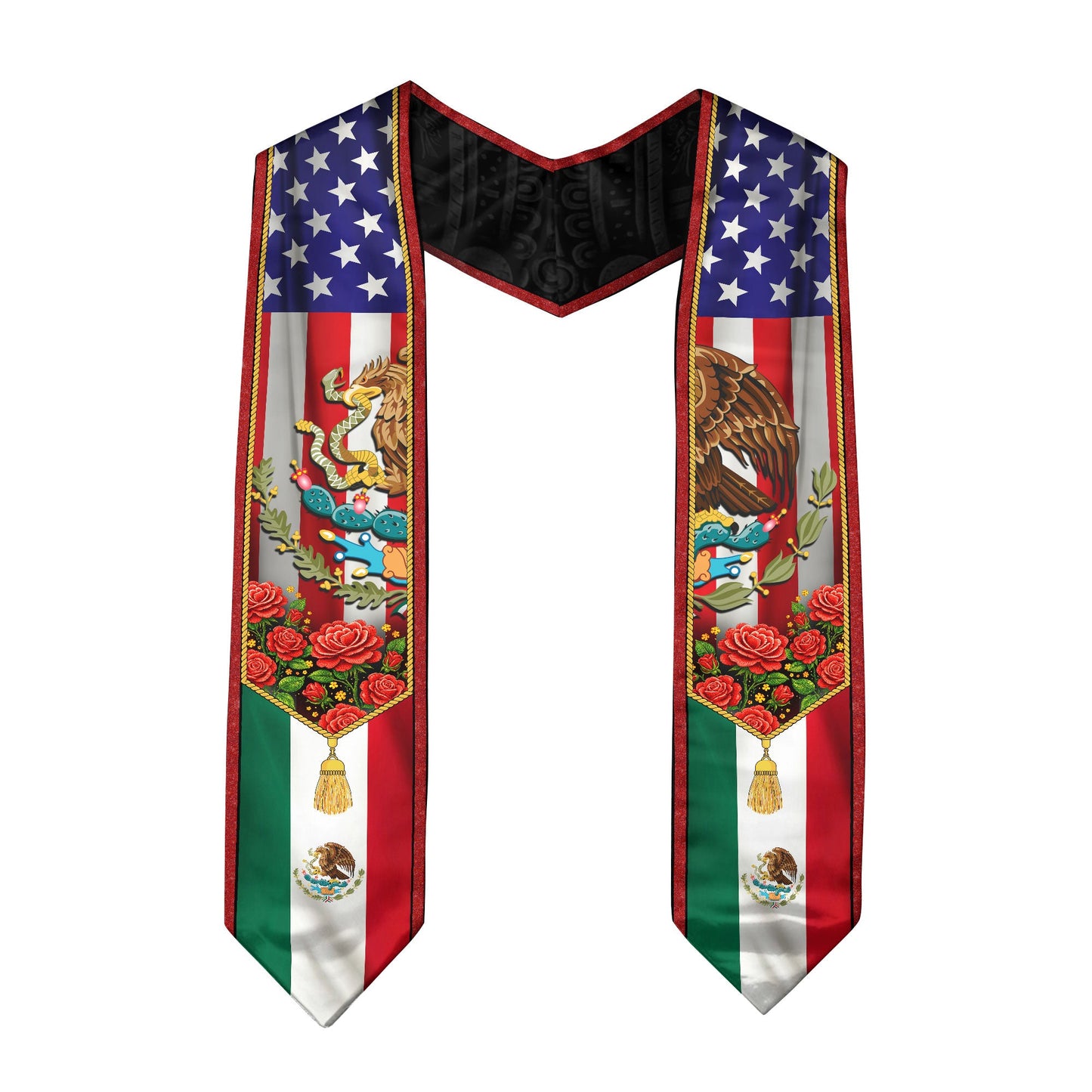 Mexico USA Flag Graduation Stole - Mexican American Heritage Eagle Red Rose Sash