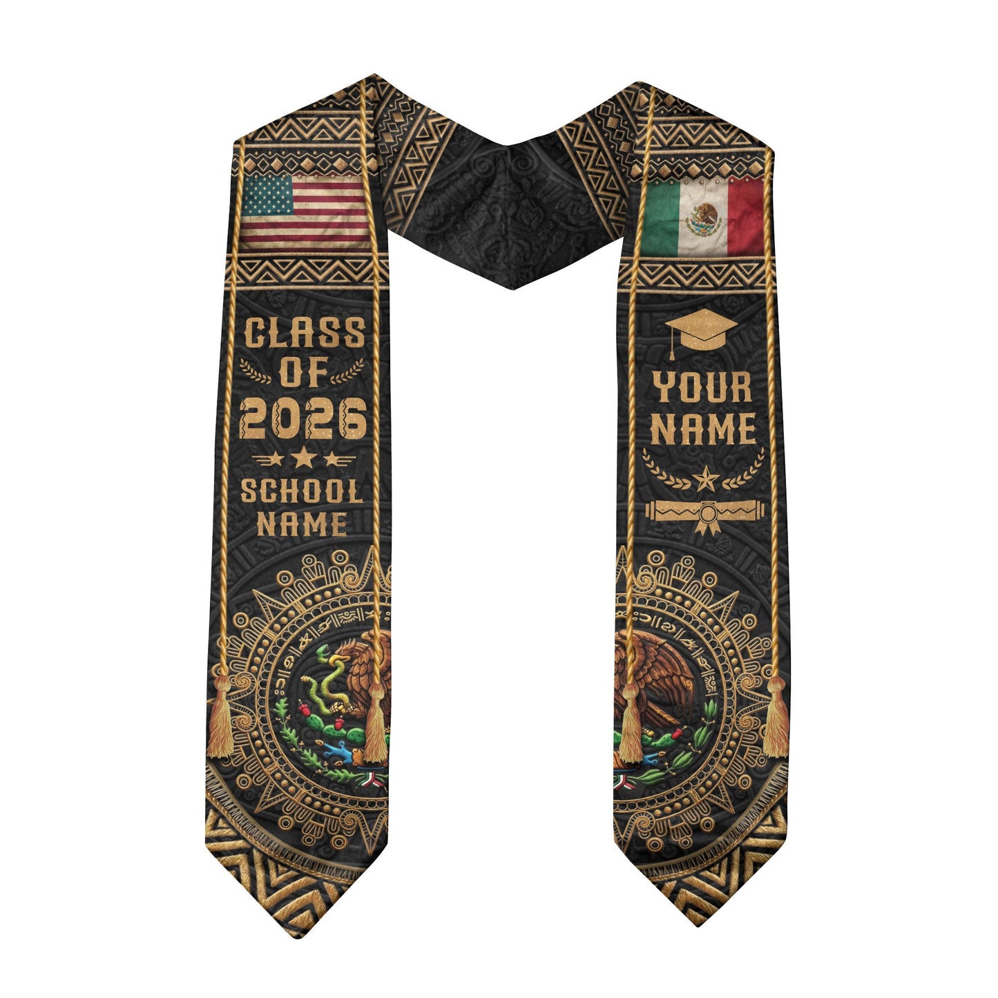 Custom Mexico USA Flag Graduation Stole 2026 Aztec Calendar Heritage Gold Sash