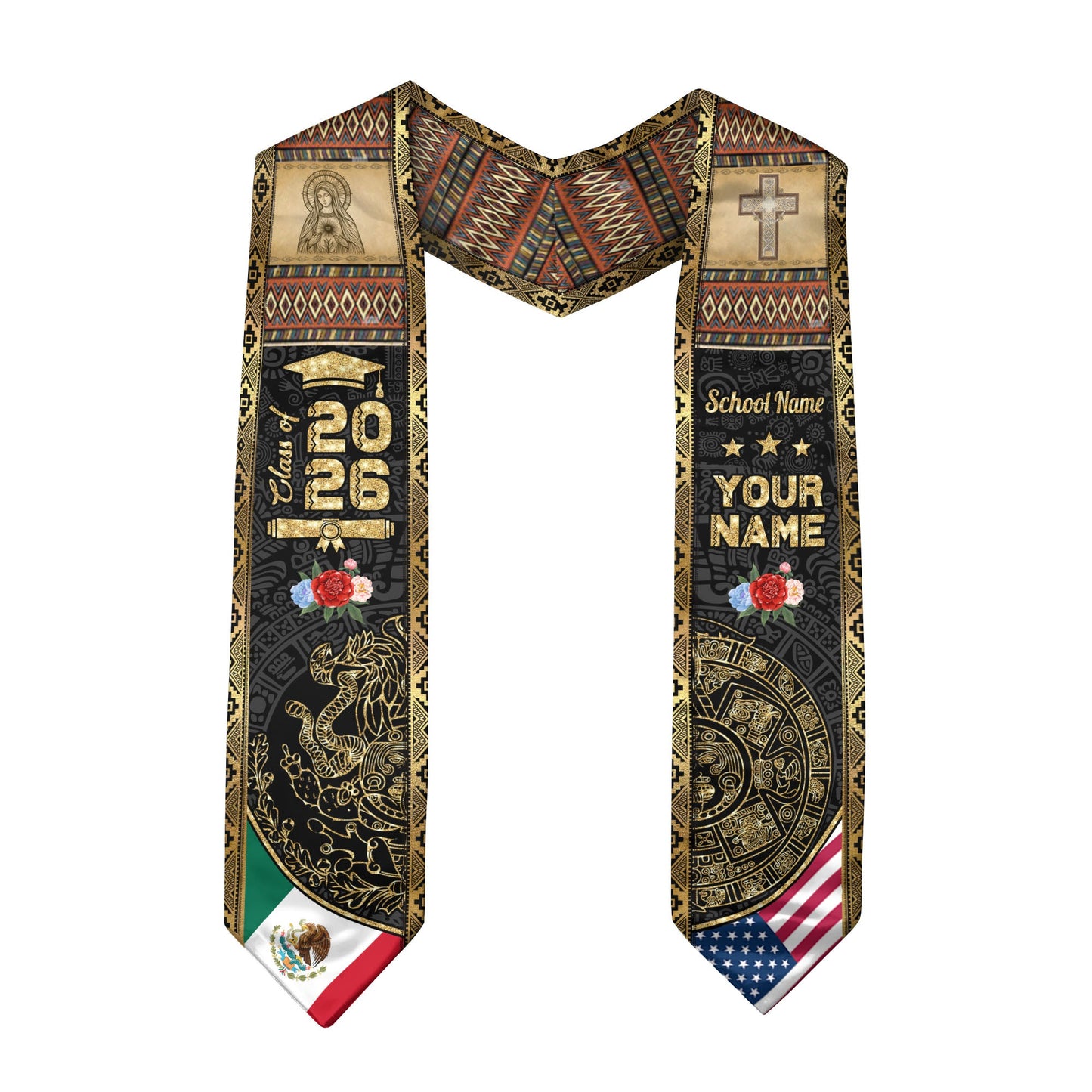 Mexico Graduation Stole 2026 Aztec Calendar Virgin Mary Personalized Sash Gift