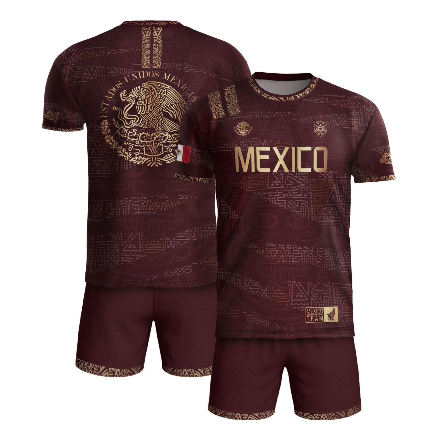 Mexico Soccer Jersey Burgundy Gold Aztec Heritage Eagle Crest (Bundle)