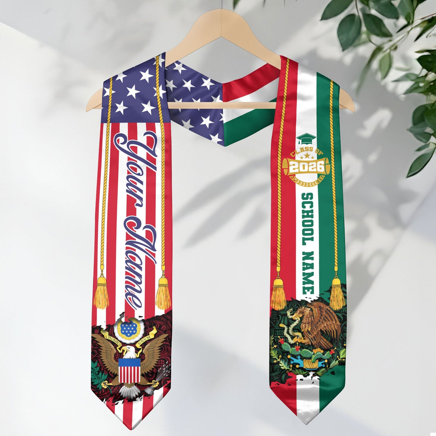 Personalized Mexican American Graduation Sash Class of 2026 Flag Eagle Name Stole