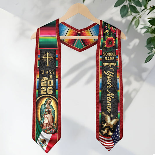 Custom Mexican Graduation Stole 2026 Mexico Sash Virgin Mary Butterfly Aztec Patterns