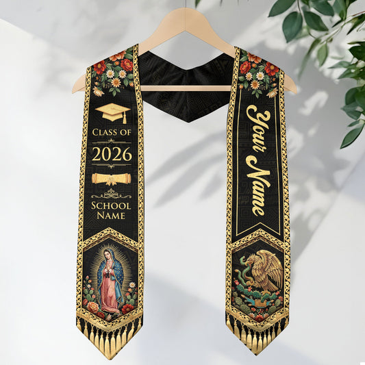 Mexico Graduation Stole Custom Name Class of 2026 Virgin Mary Aztec Eagle Heritage Sash