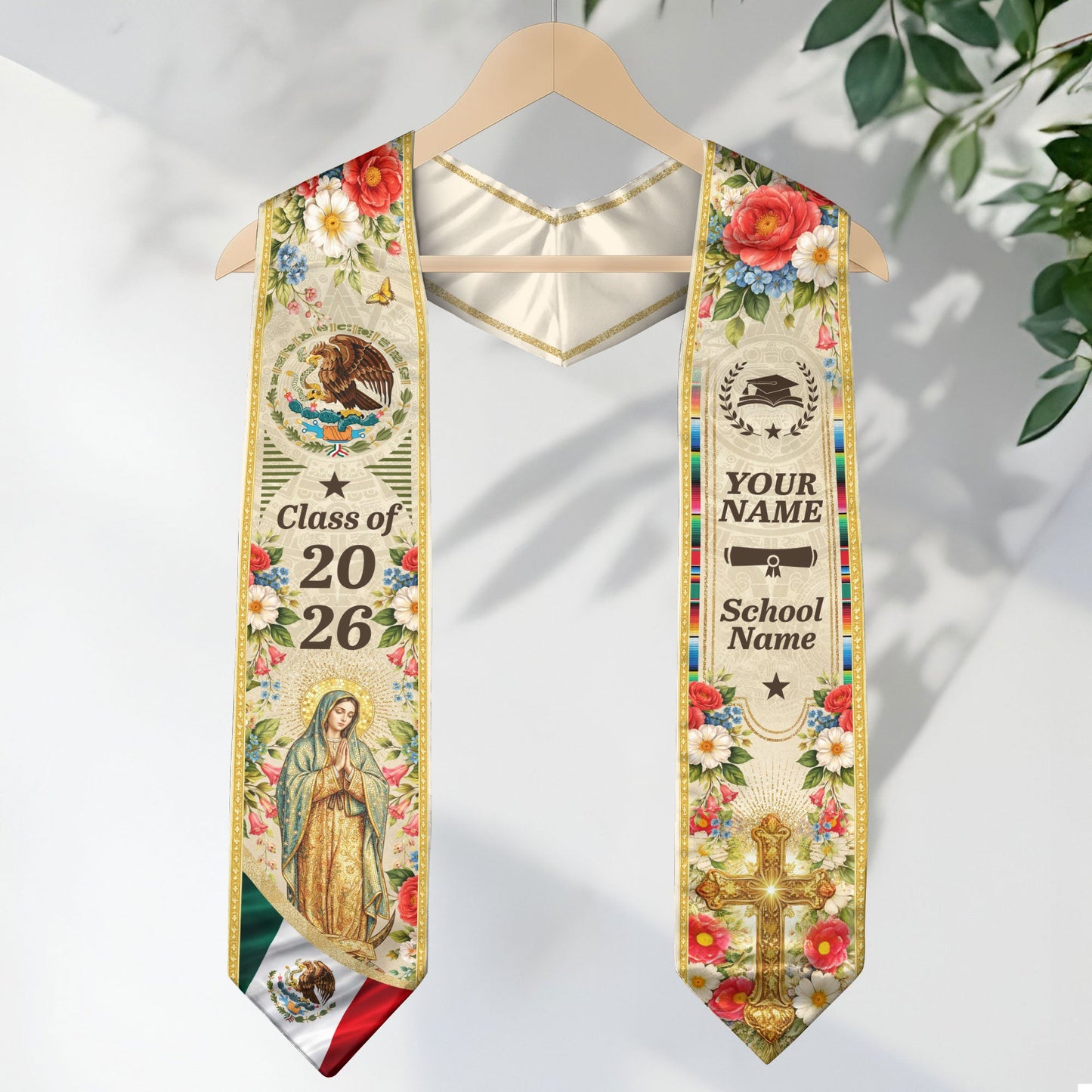 Personalized Mexican Graduation Stole - Class of 2026 Custom Name Floral Aztec Sash