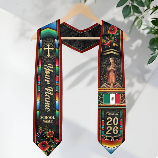 Custom Mexico Graduation Stole 2026 - Mexican Red Serape & Virgin of Guadalupe Sash
