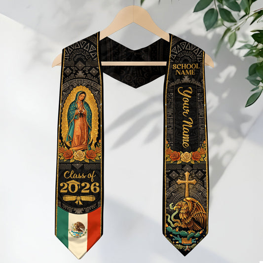 Personalized Mexican Graduation Stole 2026 - Our Lady of Guadalupe Aztec Heritage Sash