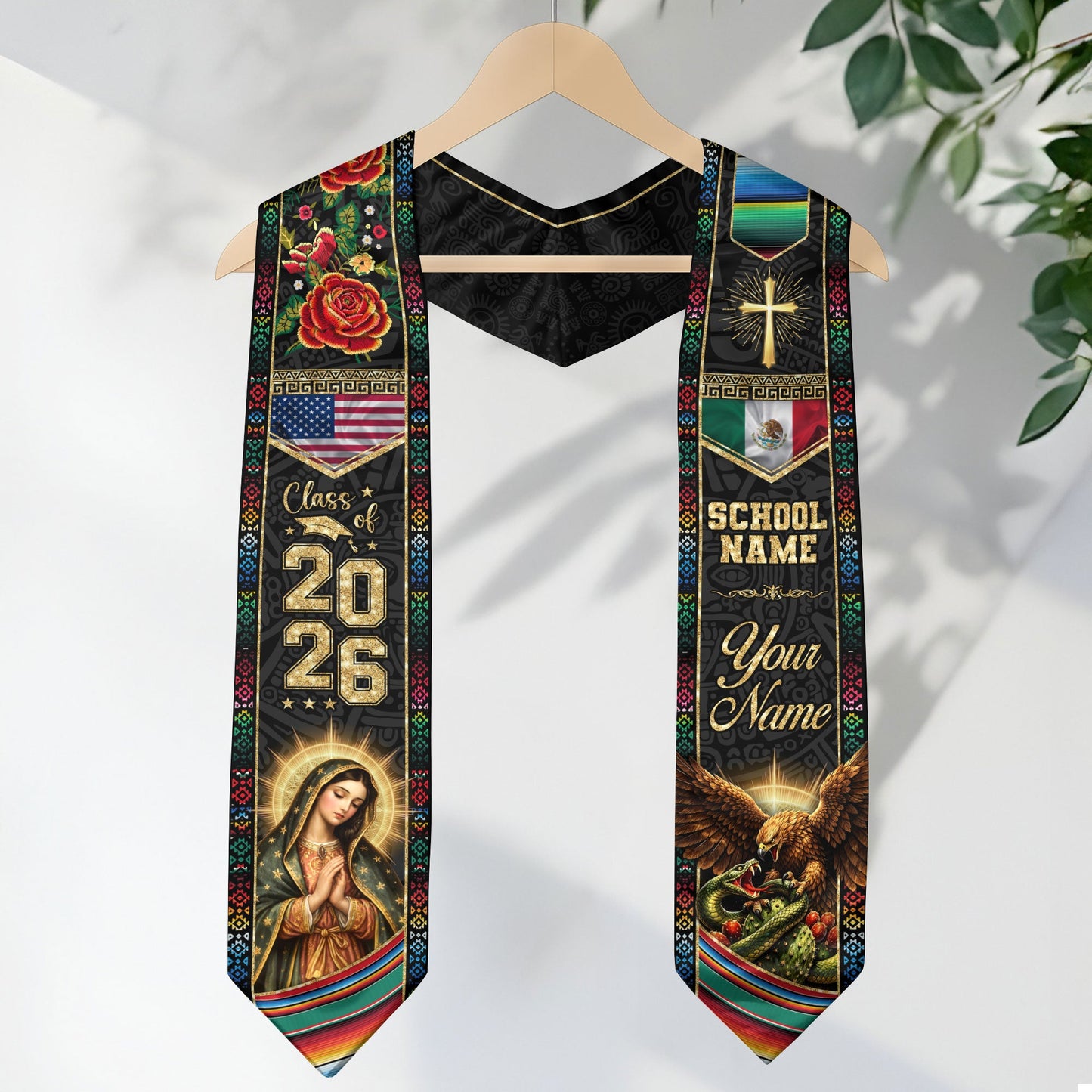 Custom Mexico Graduation Stole 2026 Eagle Snake Virgin Mary Mexican US Flag Serape Sash