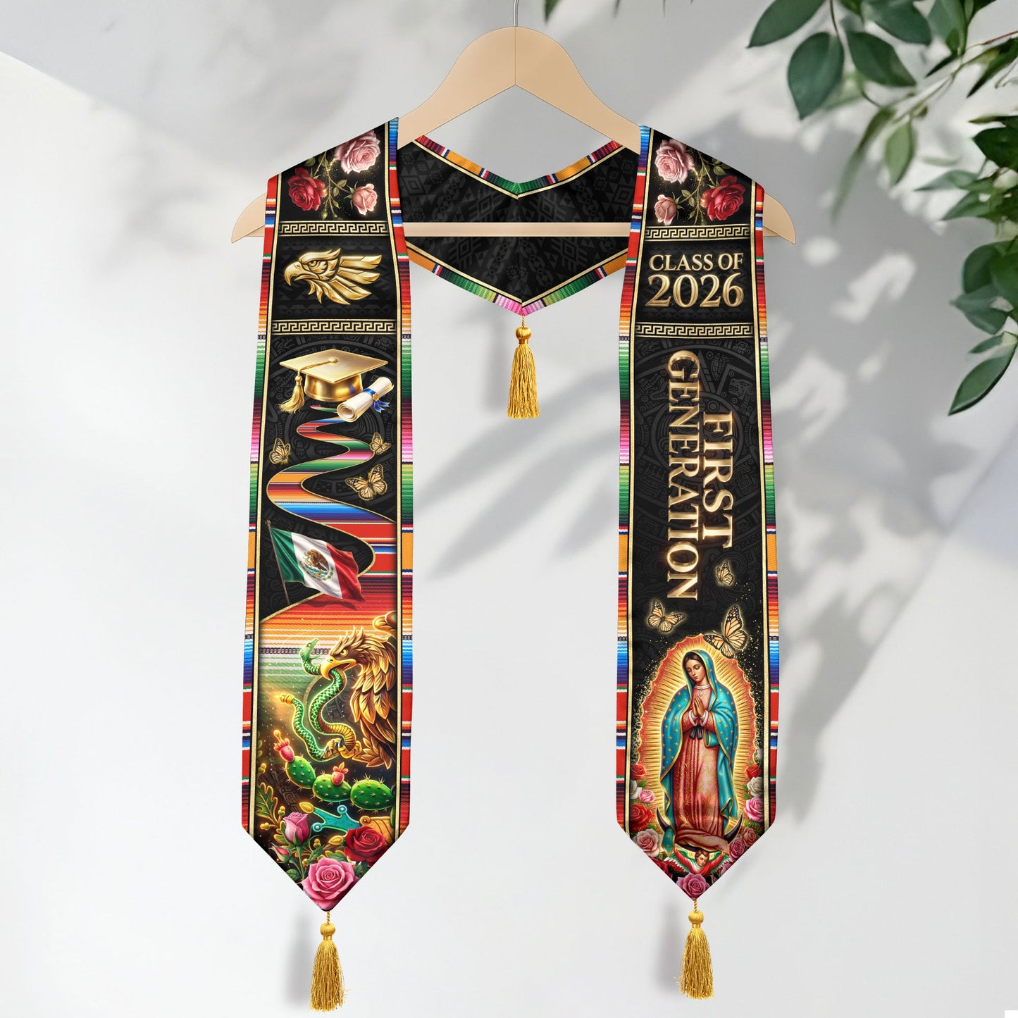 Class of 2026 Mexico Stole First Generation Guadalupe Aztec Eagle Rose Serape Tassel Sash