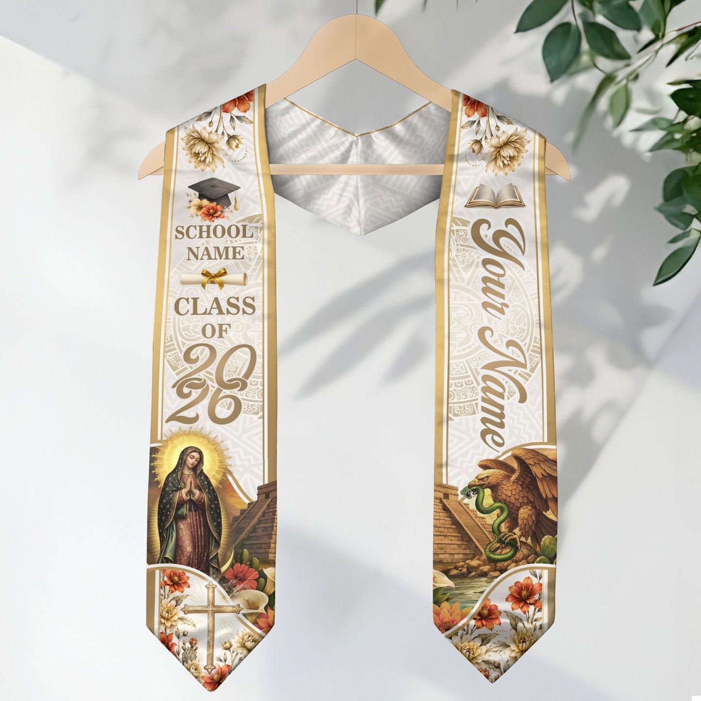 Virgin Mary Graduation Stole 2026 - Personalized Mexican Heritage Guadalupe Gold Sash