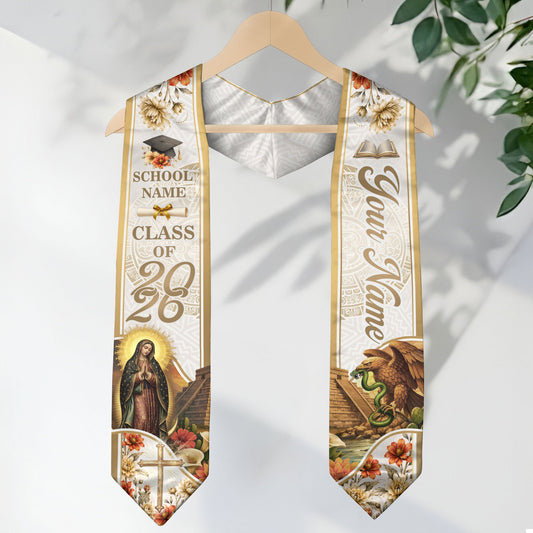 Virgin Mary Graduation Stole 2026 - Personalized Mexican Heritage Guadalupe Gold Sash